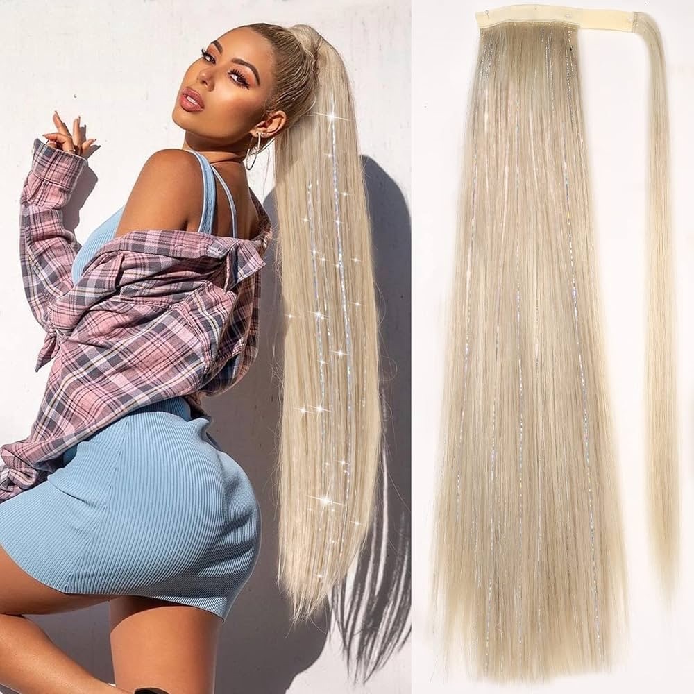 Glamorous Blonde Clip in Ponytail with Silver Tinsel Streaks